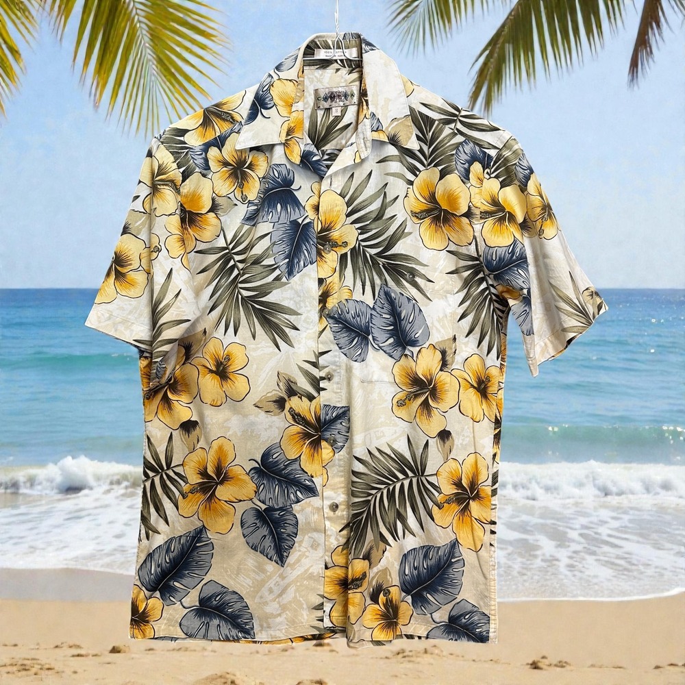 Campia‎ Moda Hawaiian Aloha Shirt Men's S Yellow Hibiscus Vintage 90s - Y2K